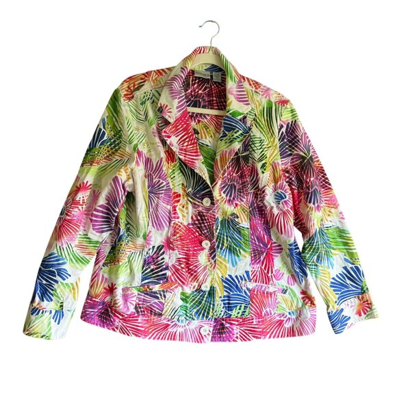 Chico’s Tropical Palm Floral Print Button Front Blazer Jacket SZ 3 Multicolor - Picture 1 of 8